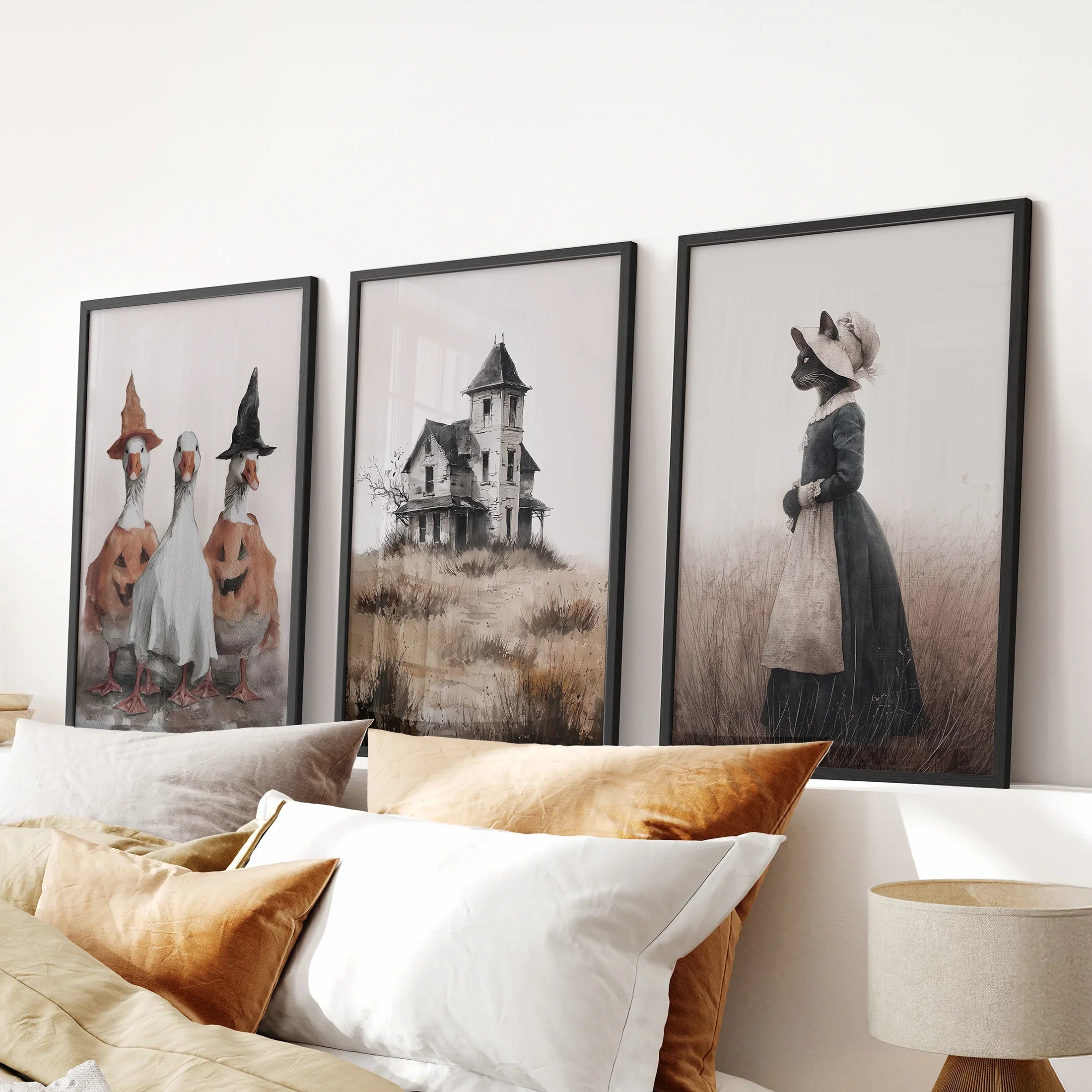 Spooky Cottagecore Wall Art Set. Ducks, Haunted House, Cat