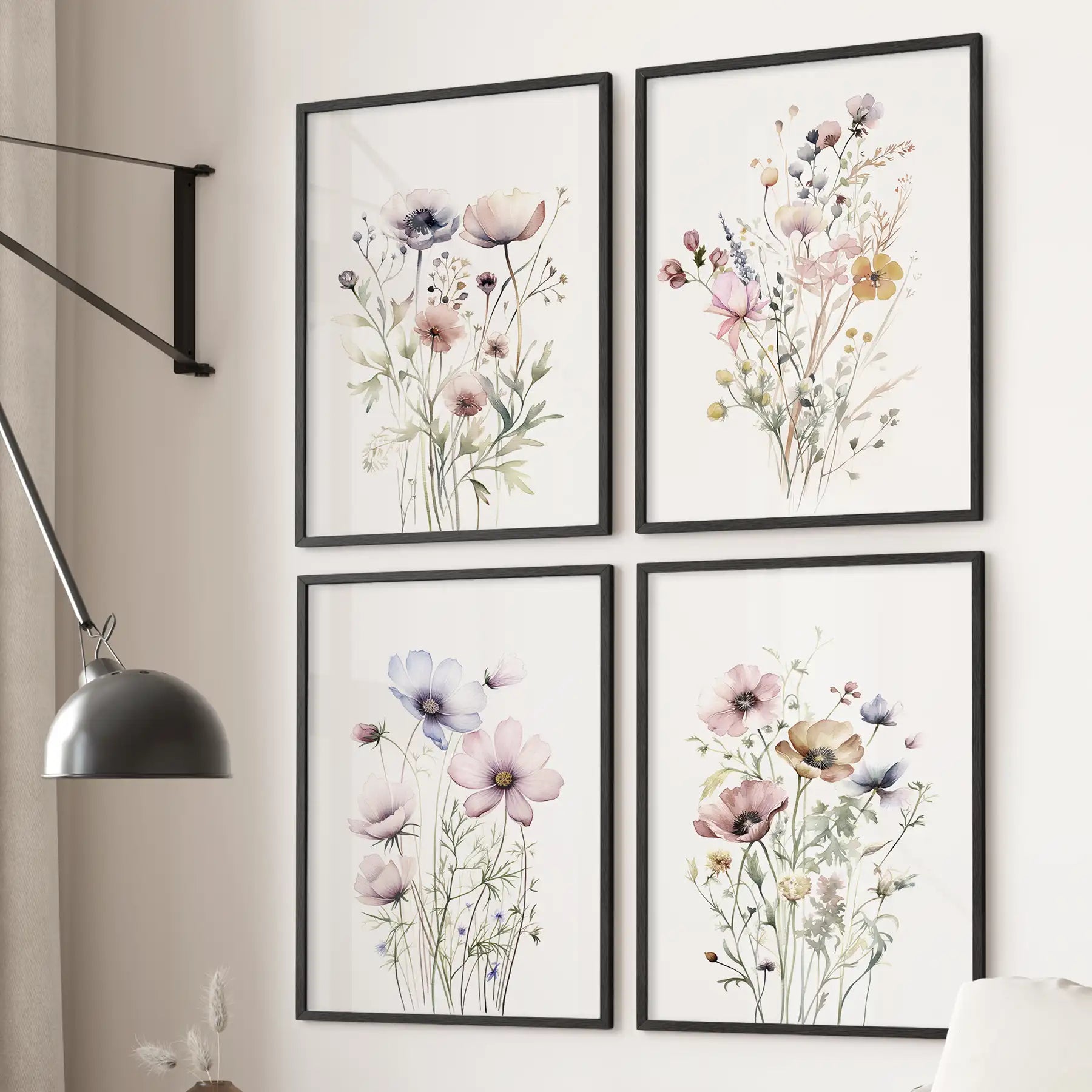 Neutral Floral Wall Art Set of 4. Watercolor Botanical Prints