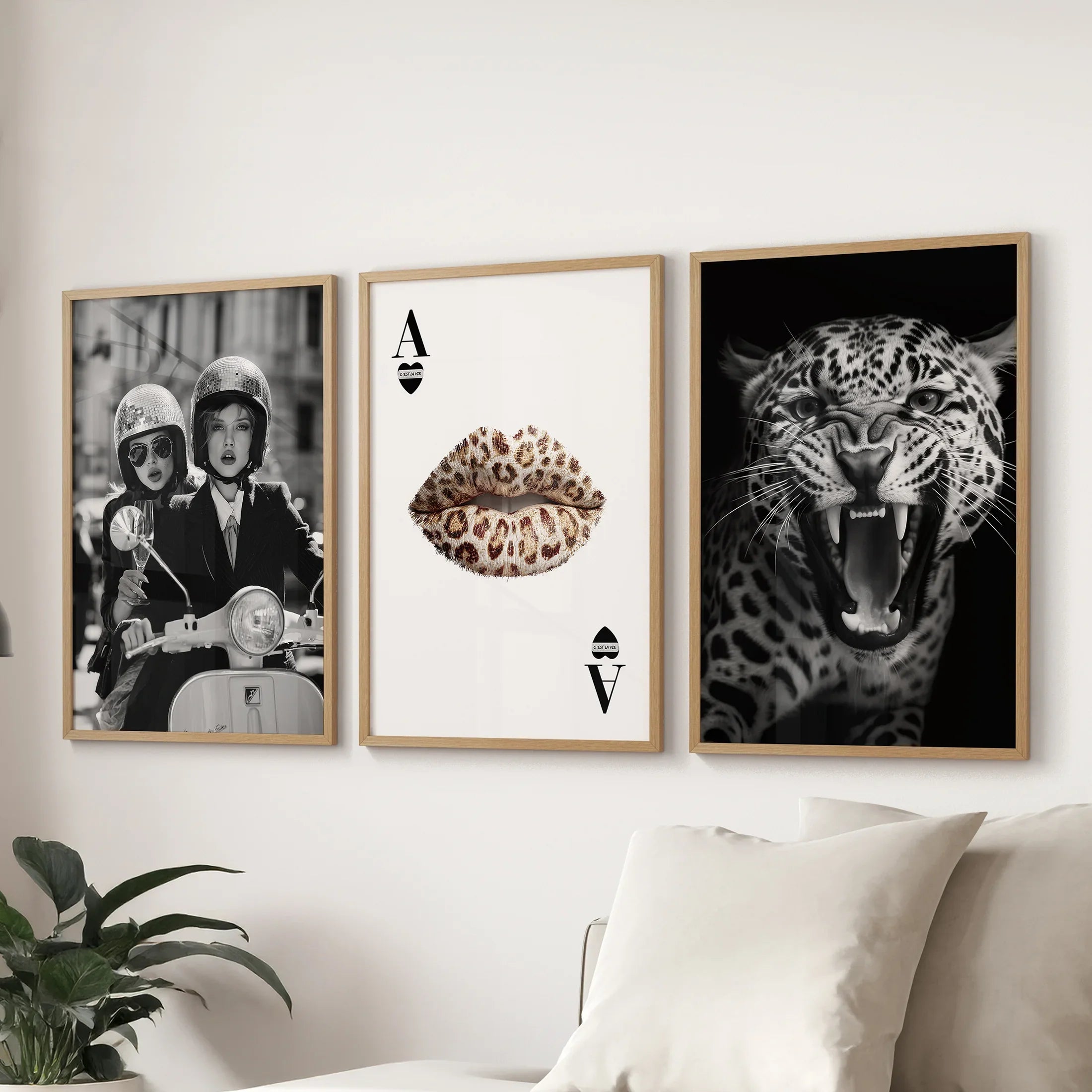 Black White Fashion Set of 3 Prints. Leopard, Lips, Scooter
