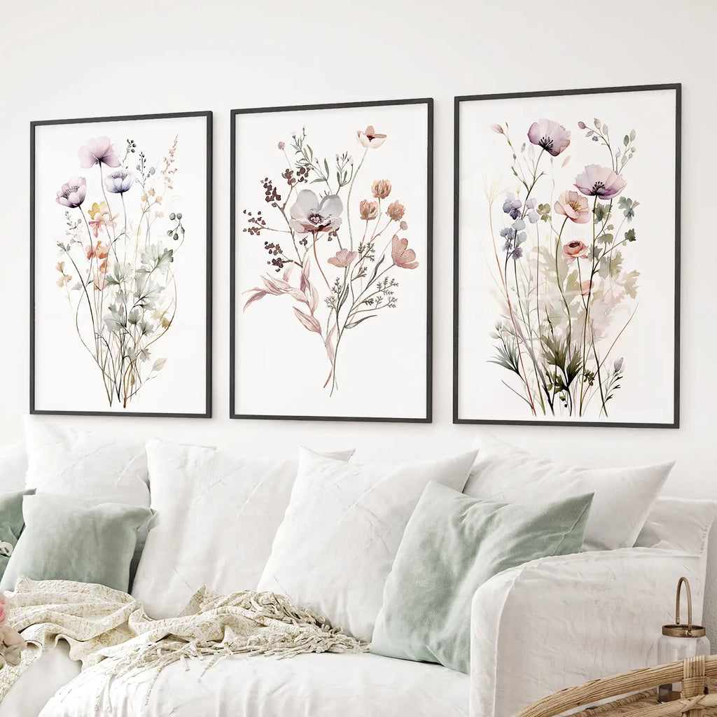 Soft Wildflower Wall Art. Set of 3 Muted Floral Prints
