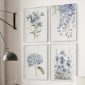 Soft Blue Hydrangea Prints. 4 Piece Watercolor Wall Art