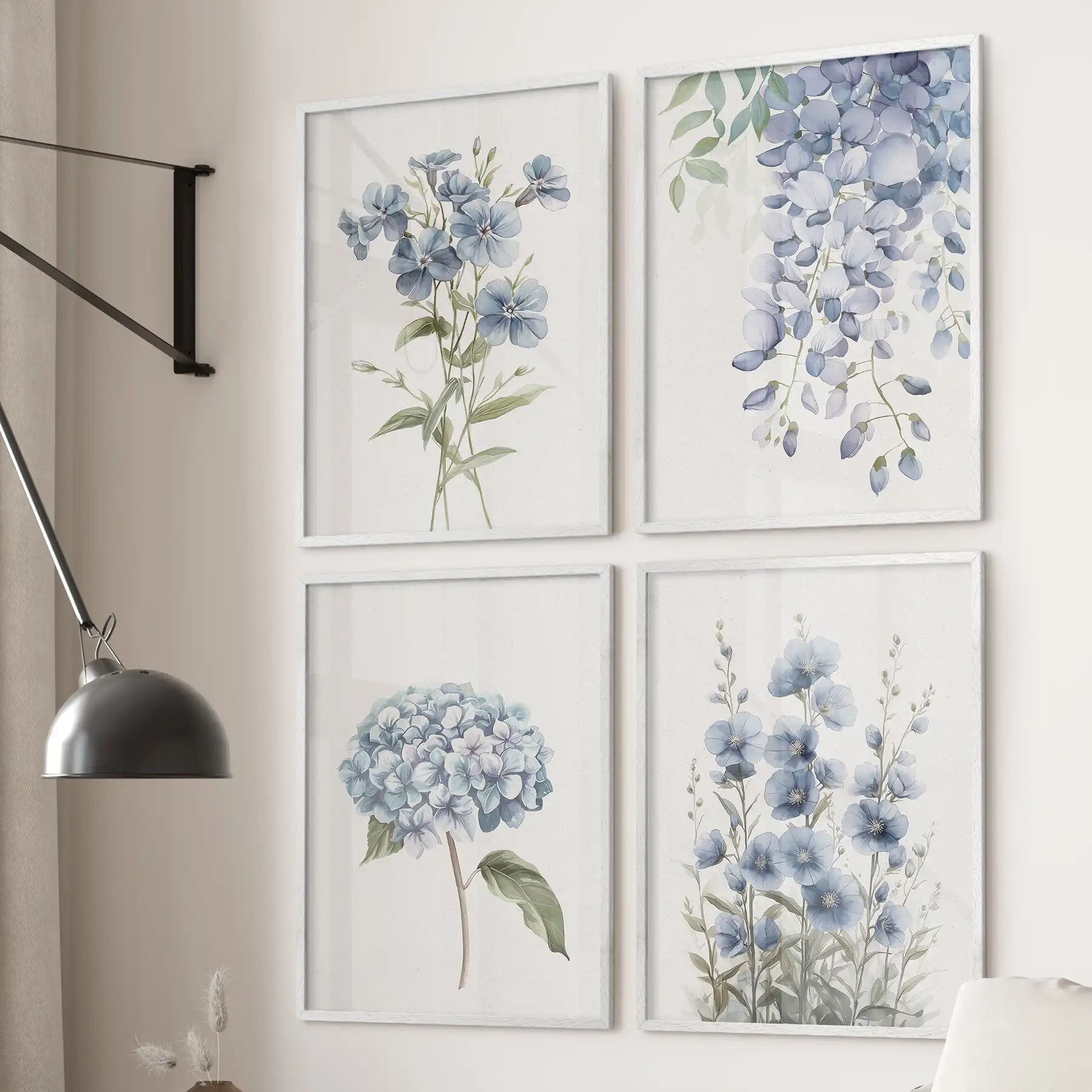 Soft Blue Hydrangea Prints. 4 Piece Watercolor Wall Art