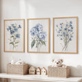 Watercolor Blue Flowers Wall Art. Set of 3 Prints