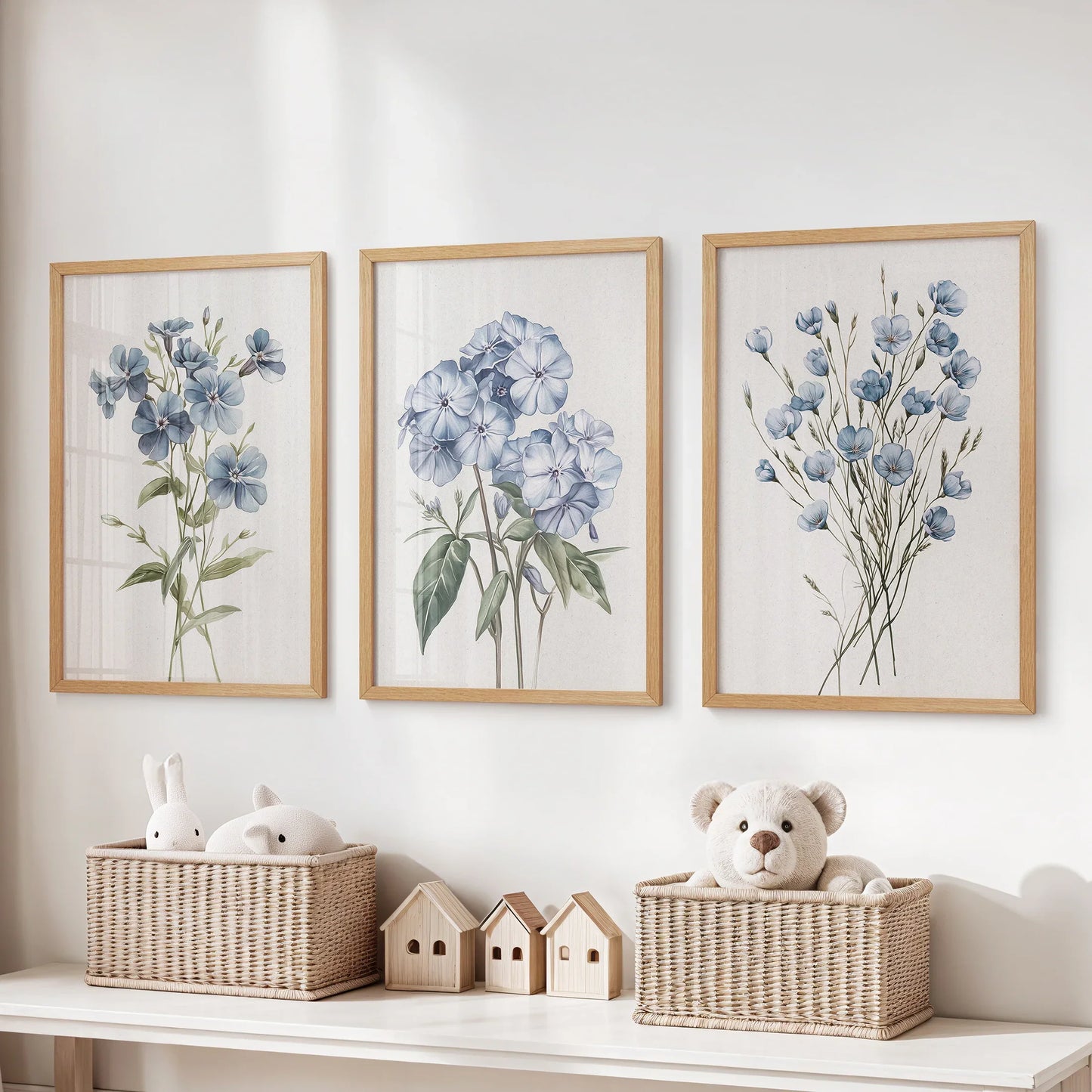 Watercolor Blue Flowers Wall Art. Set of 3 Prints