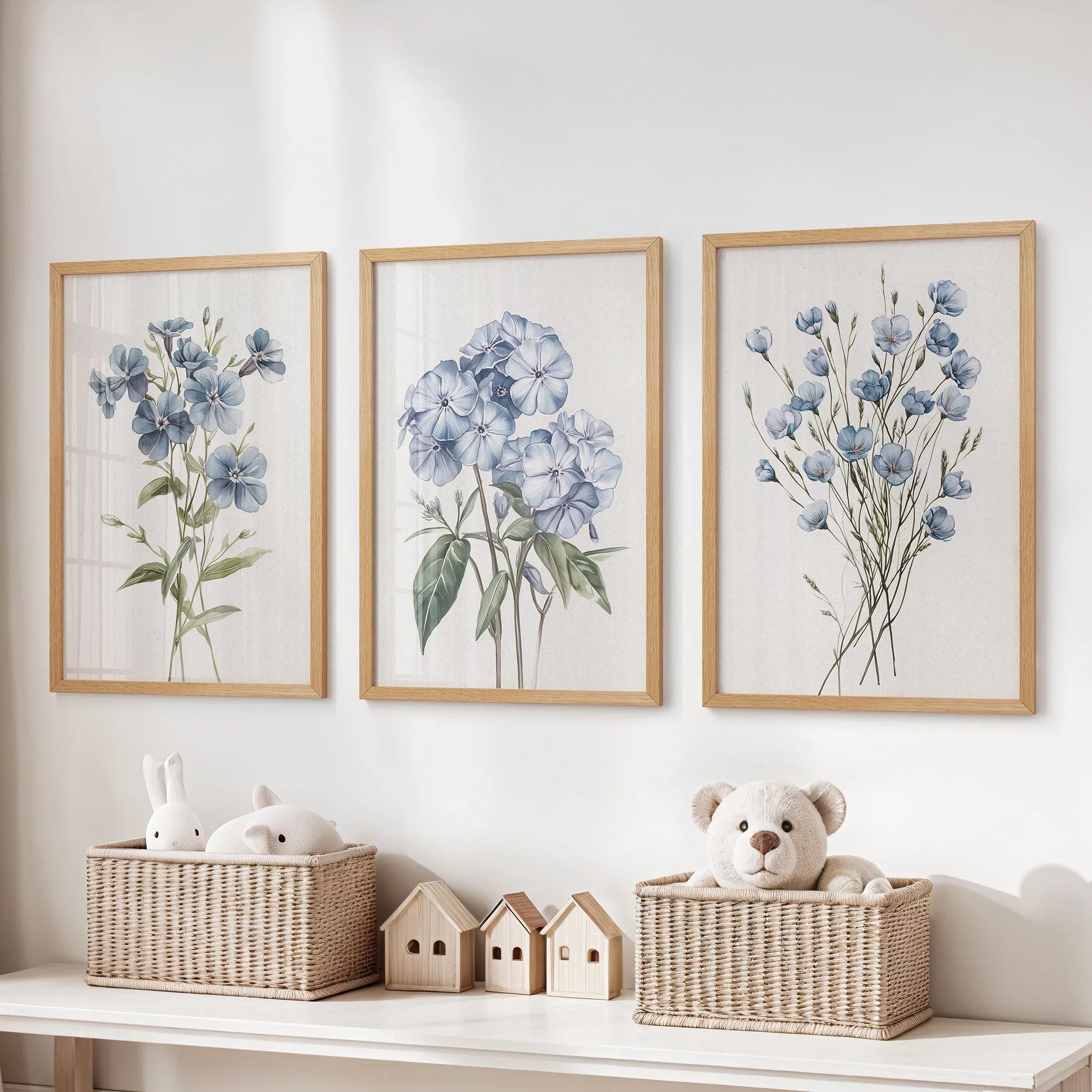 Watercolor Blue Flowers Wall Art. Set of 3 Prints