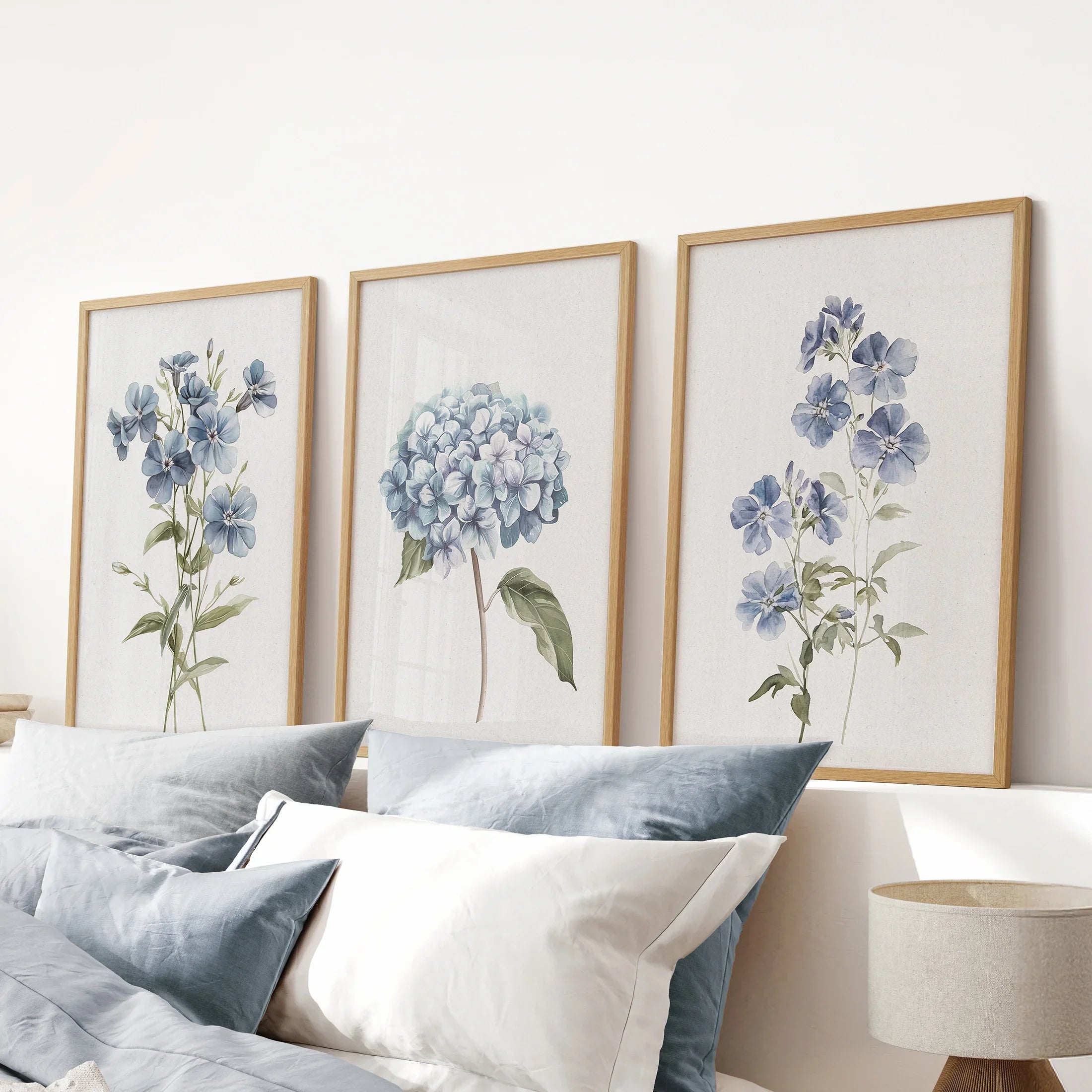 Blue Hydrangea Flower Wall Art. Floral Set of 3 Prints