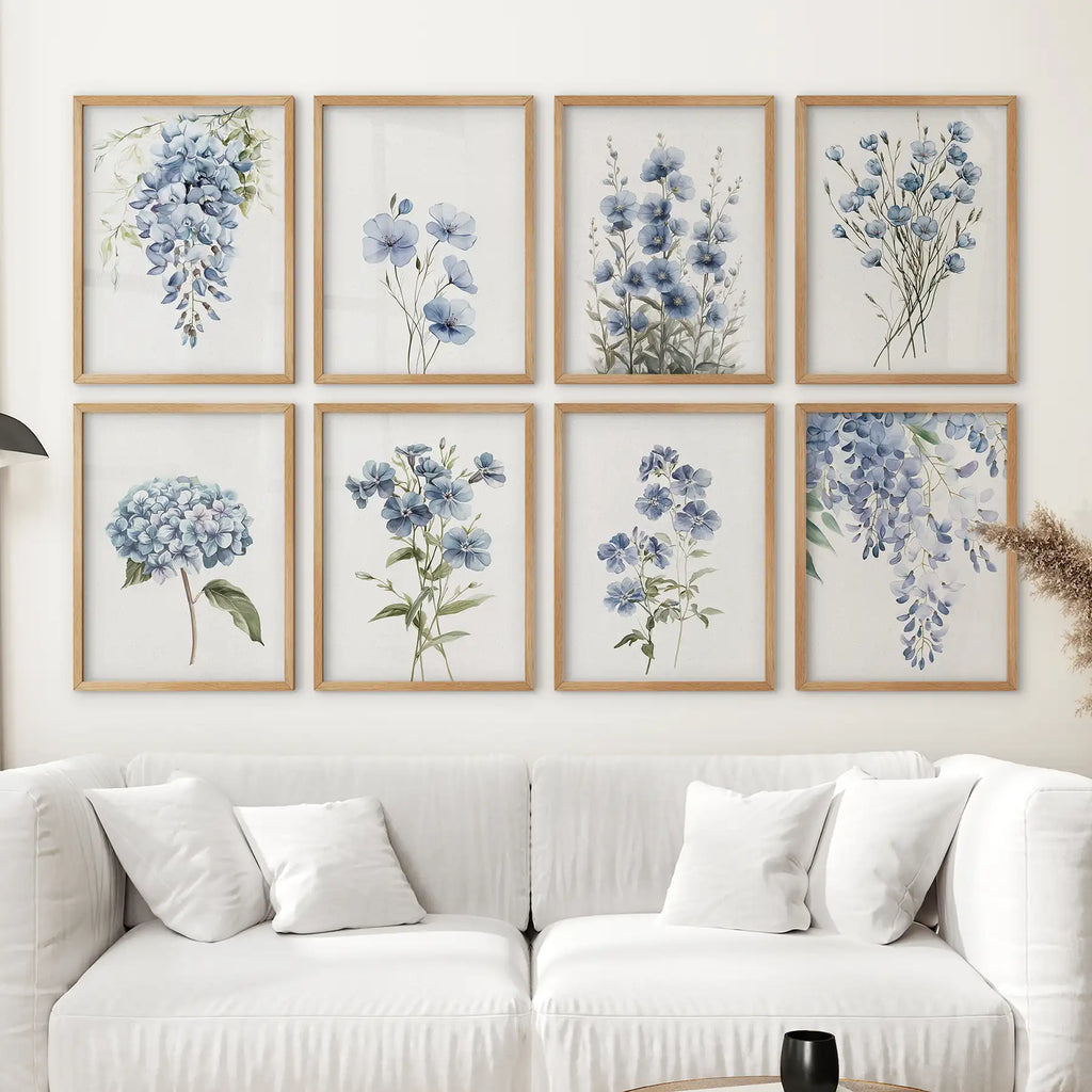 Floral Set of 8 Posters. Wisteria, Hydrangea, Pansy Wall Art