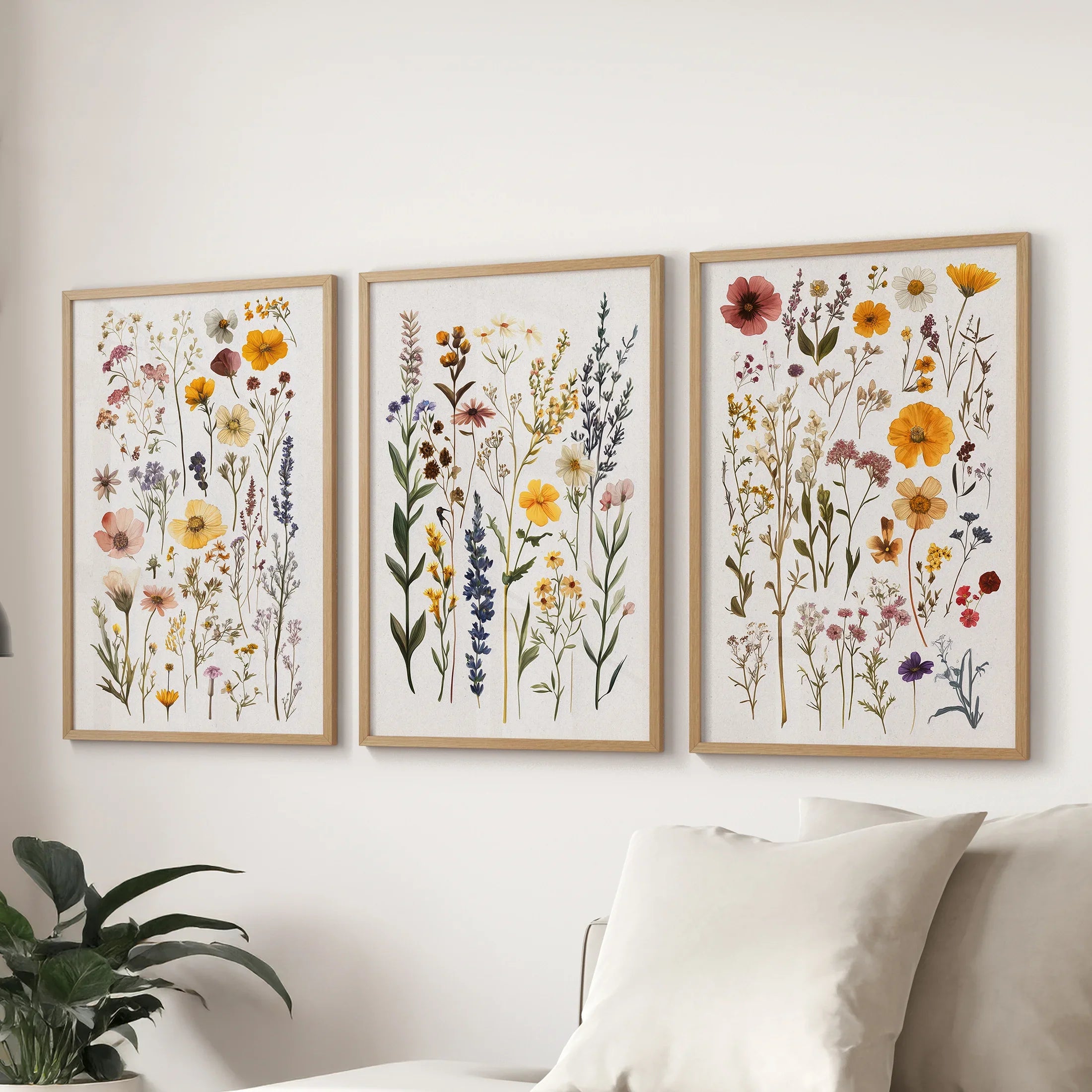 Boho Floral 3 Piece Wall Art. Pressed Flowers Print Set