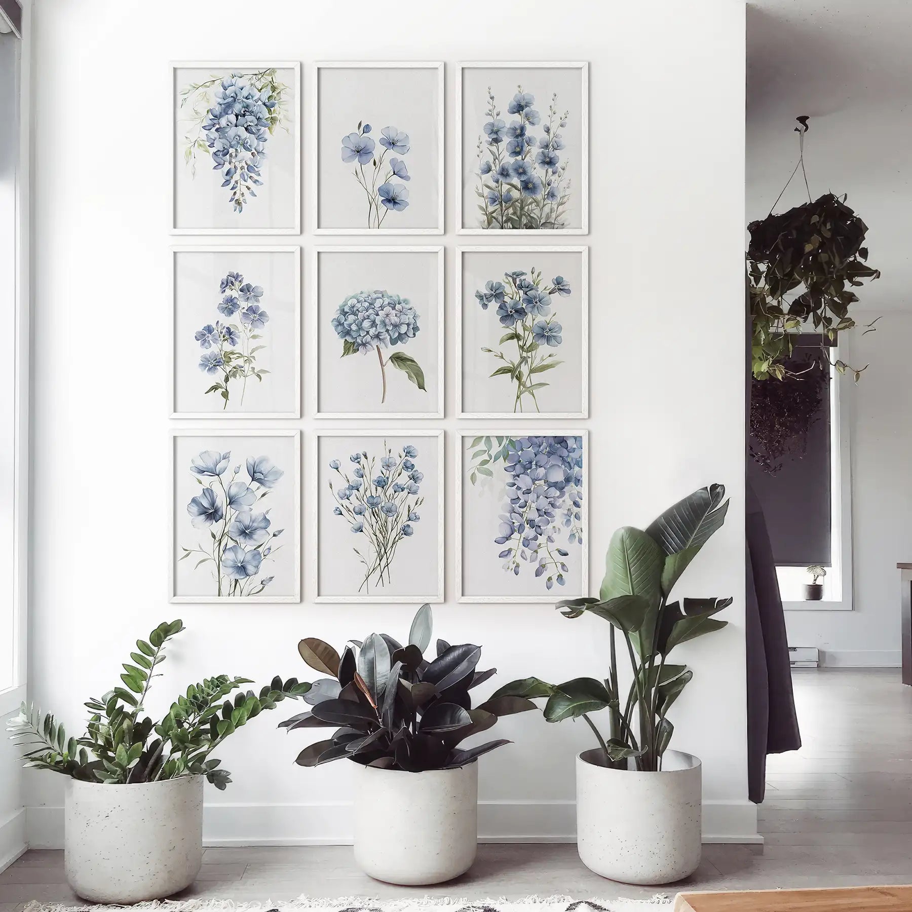 9 Piece Wall Art Decor. Blue Hydrangea Floral Posters