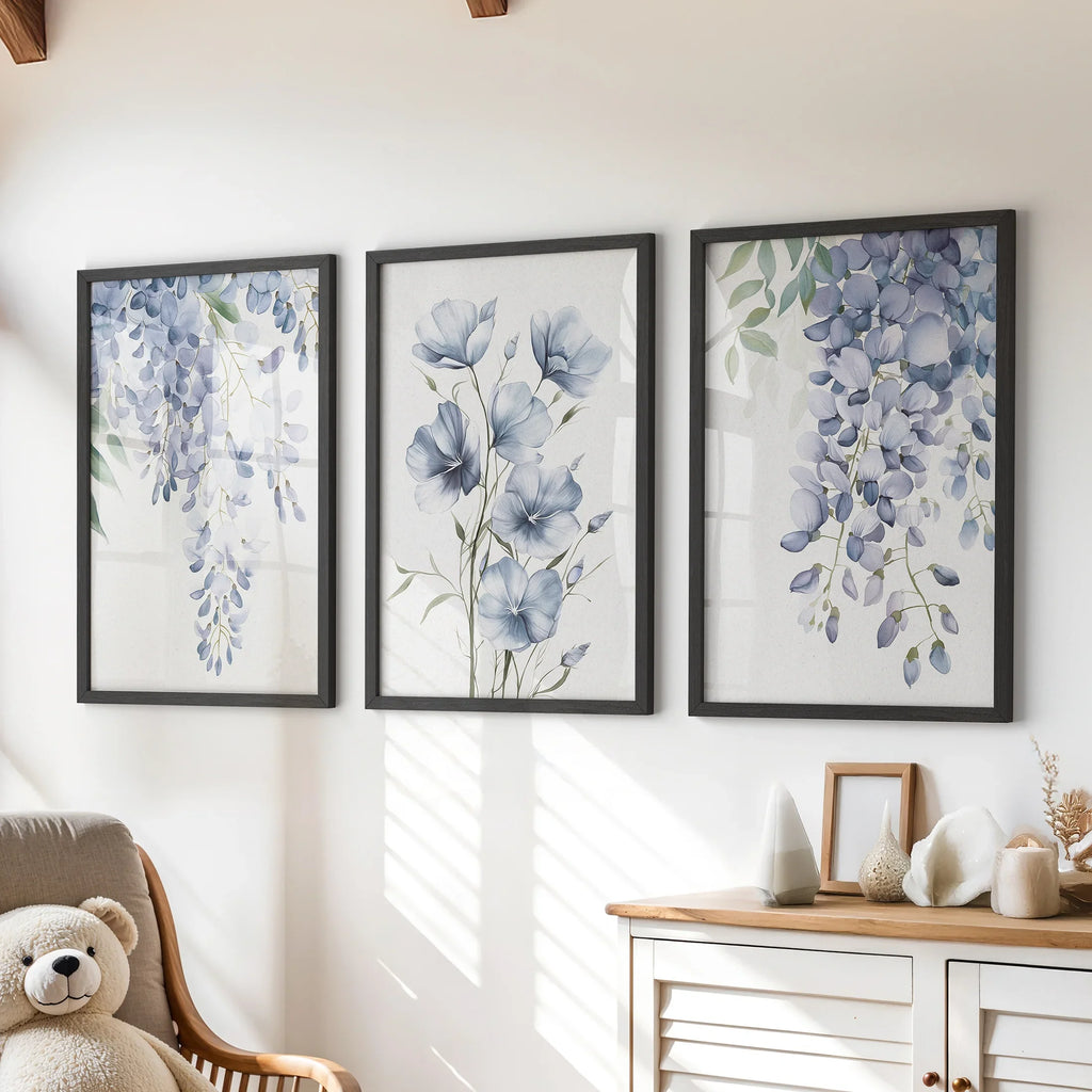 Blue Wall Art Set of 3. Wisteria, Flax Botanical Prints