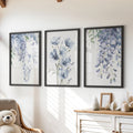 Blue Wall Art Set of 3. Wisteria, Flax Botanical Prints