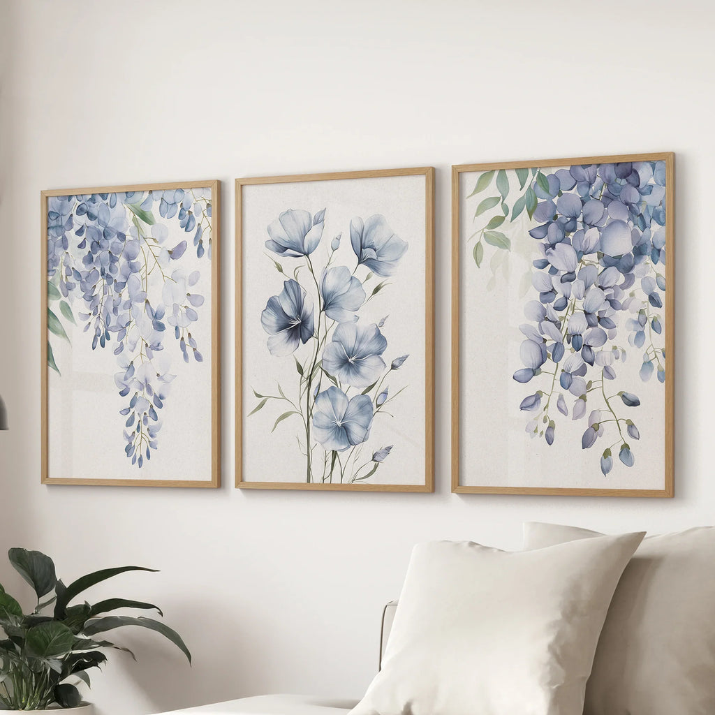 Blue Wall Art Set of 3. Wisteria, Flax Botanical Prints