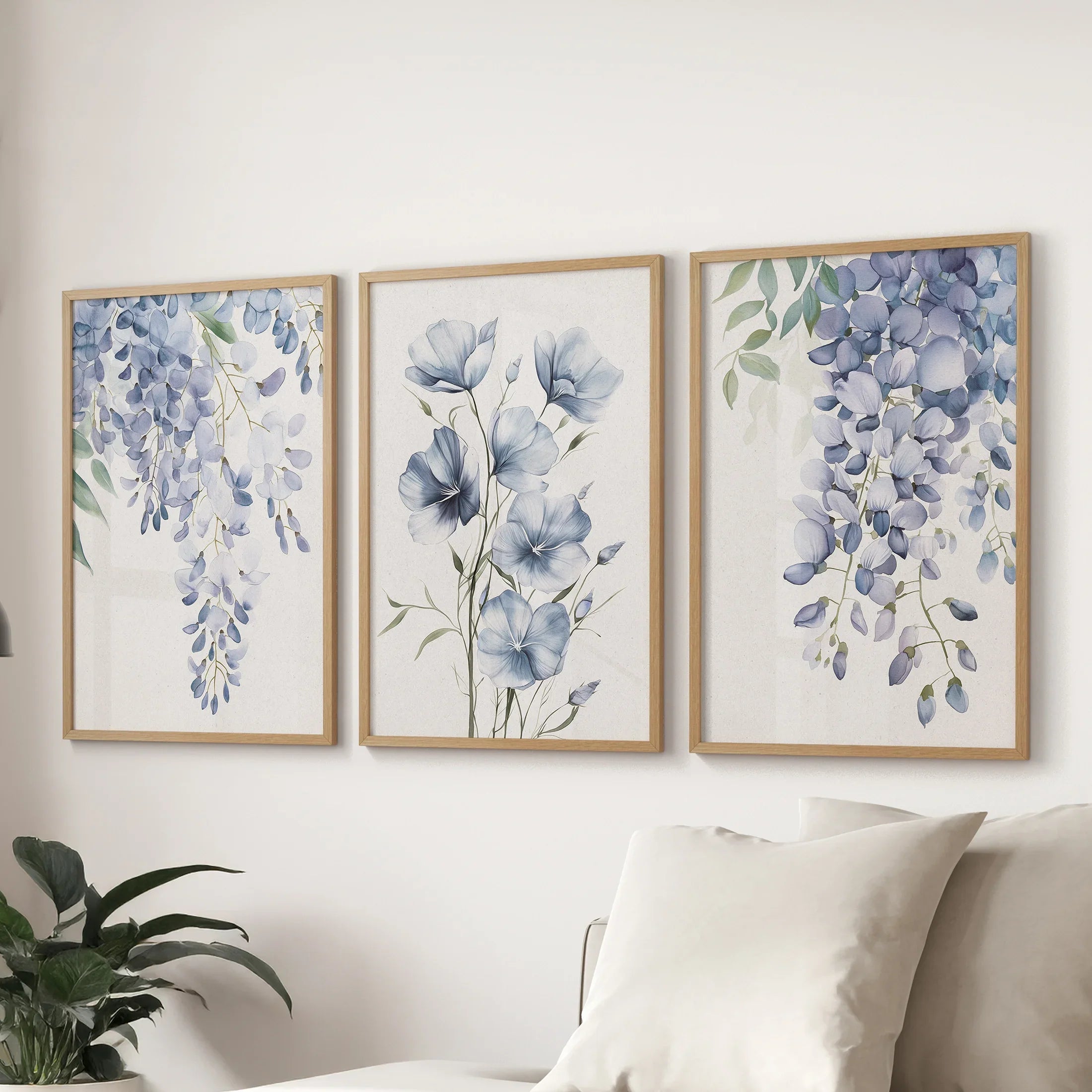 Blue Wall Art Set of 3. Wisteria, Flax Botanical Prints