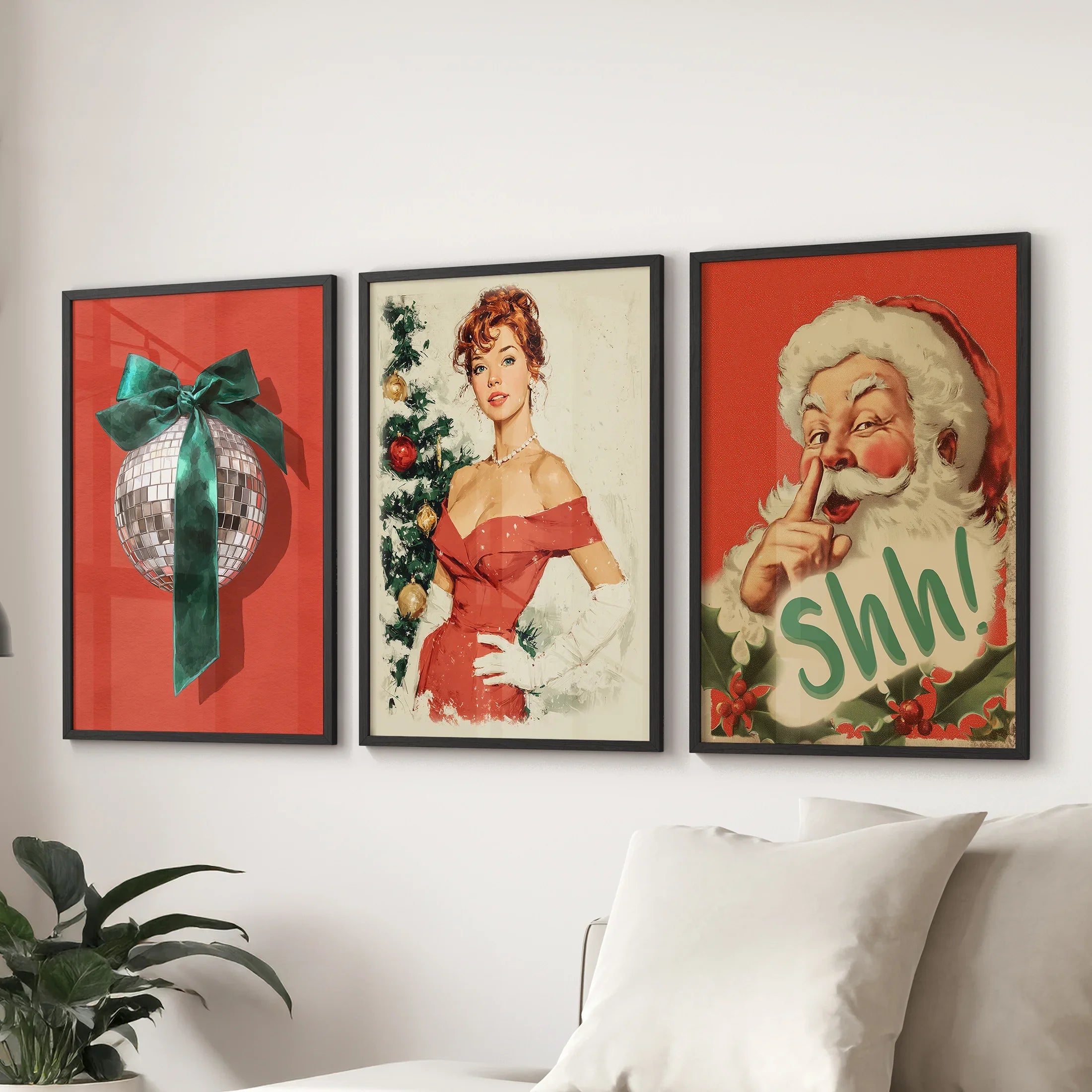 Retro Holiday 3 Piece Wall Art: Santa, Pin-Up Girl, Disco Ball