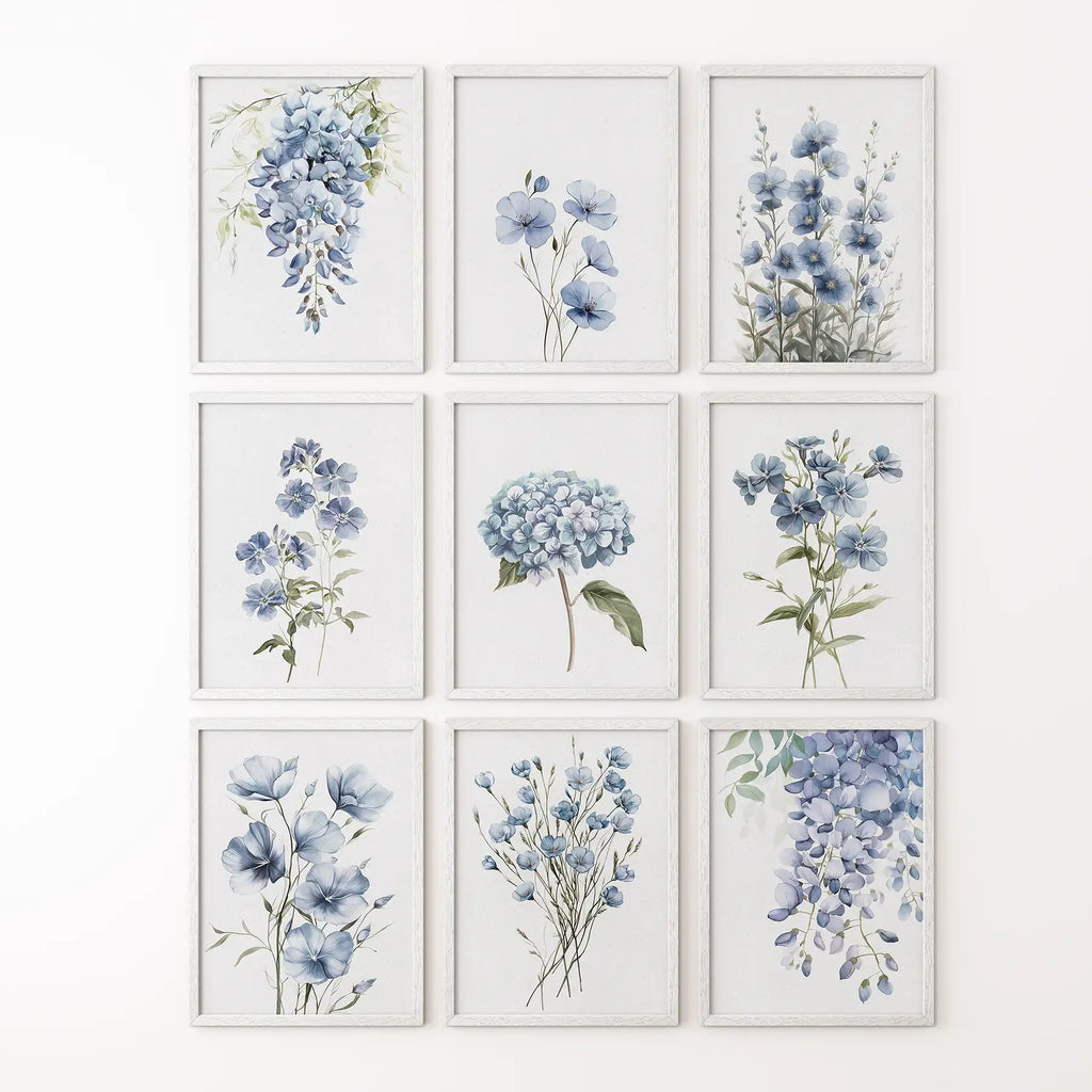9 Piece Wall Art Decor. Blue Hydrangea Floral Posters