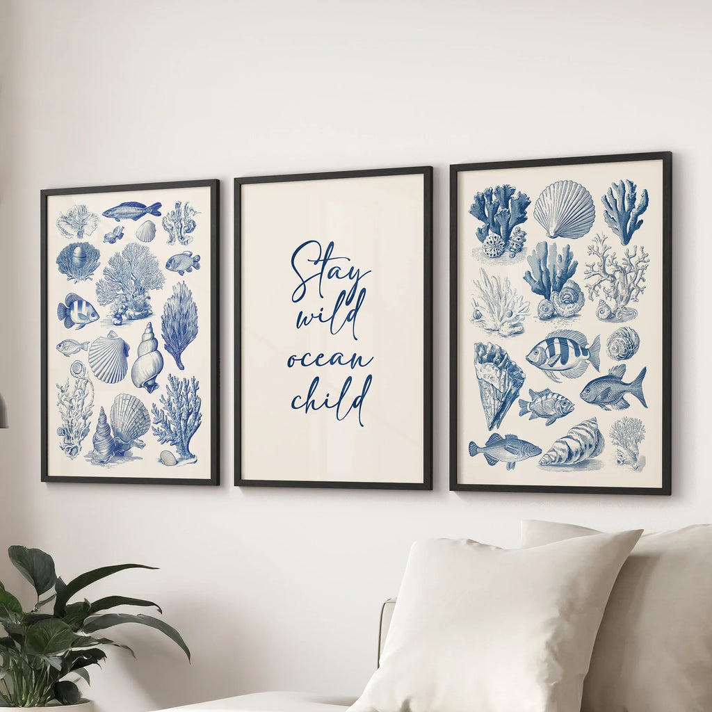 Coastal Sea Life Prints. Blue Sea Shells and Fish Print Set