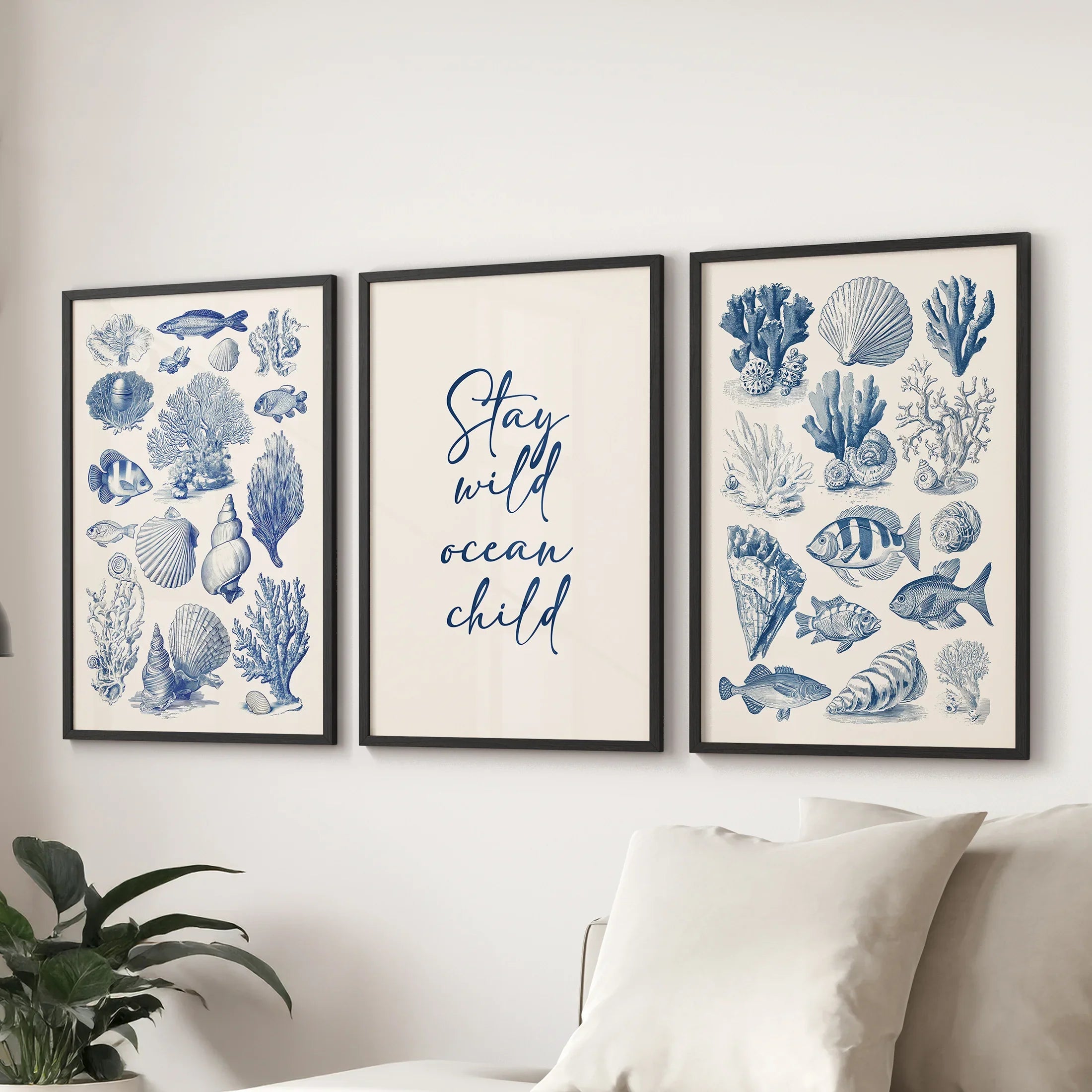 Coastal Sea Life Prints. Blue Sea Shells and Fish Print Set
