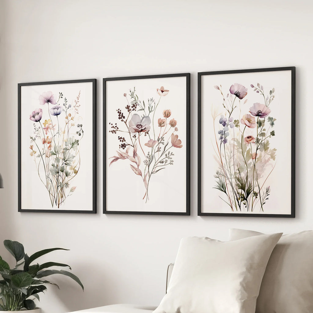 Soft Wildflower Wall Art. Set of 3 Muted Floral Prints