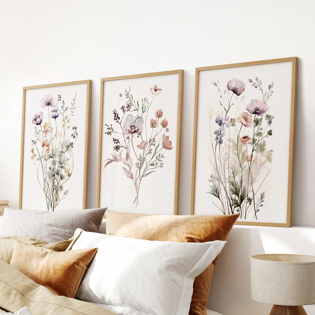 Soft Wildflower Wall Art. Set of 3 Muted Floral Prints