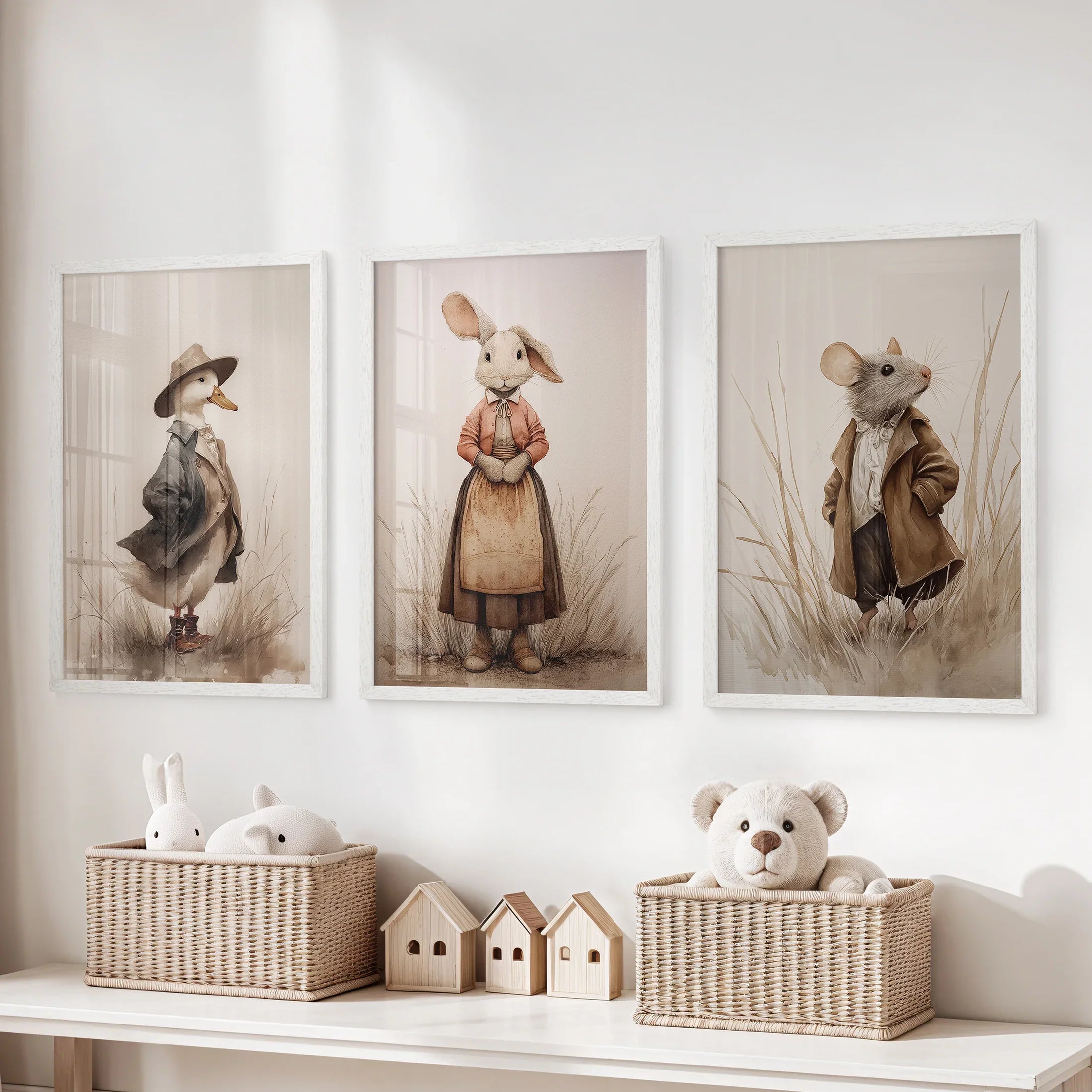 Whimsical Animal Wall Art. Dug & Mouse Set 3 Vintage Prints