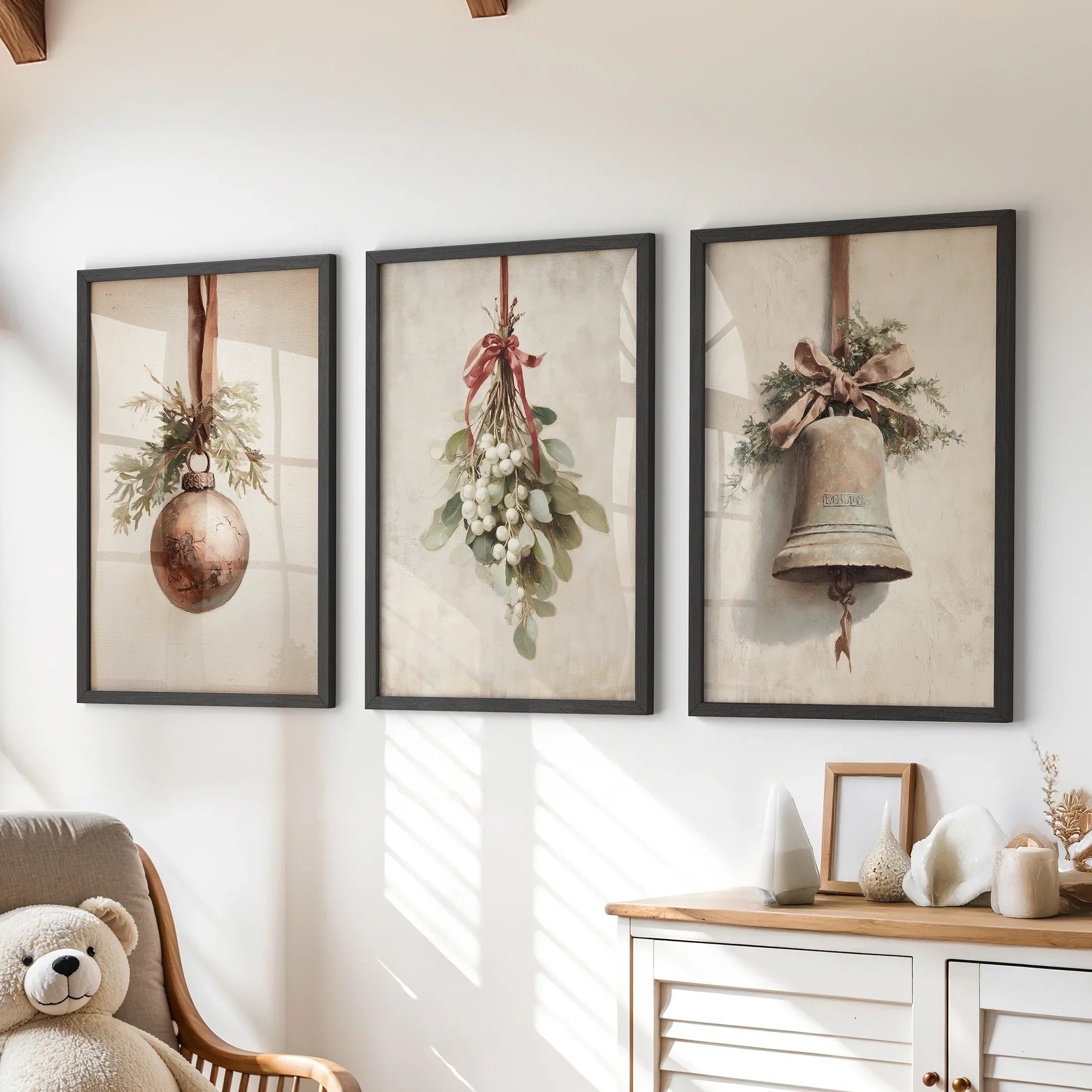 Rustic Holiday Set of 3 Prints: Vintage Christmas Bell Art