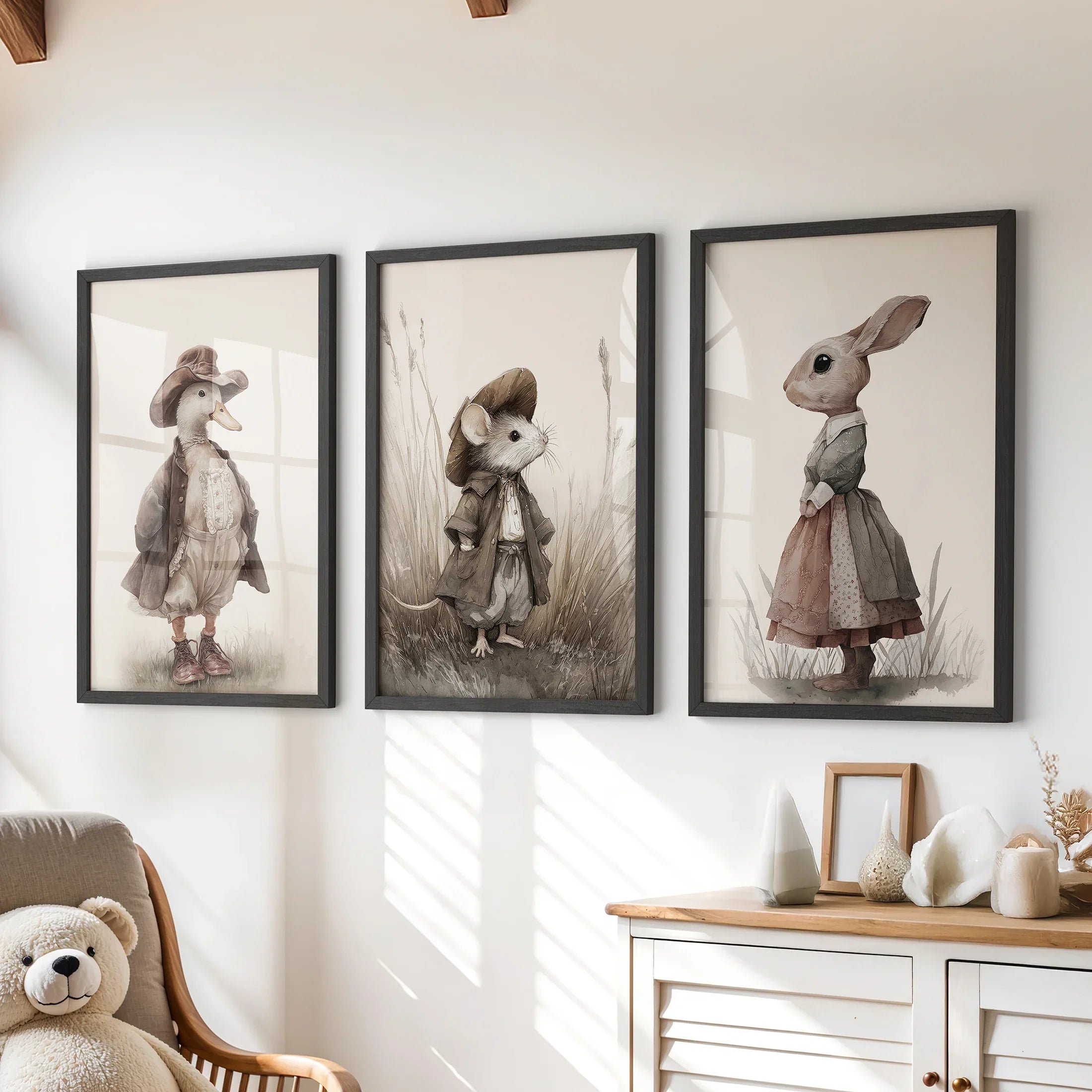 Vintage Animal Nursery Wall Art Set: Duck, Mouse, Rabbit