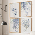 Blue Floral Wall Art Set of 4. Watercolor Wisteria Print