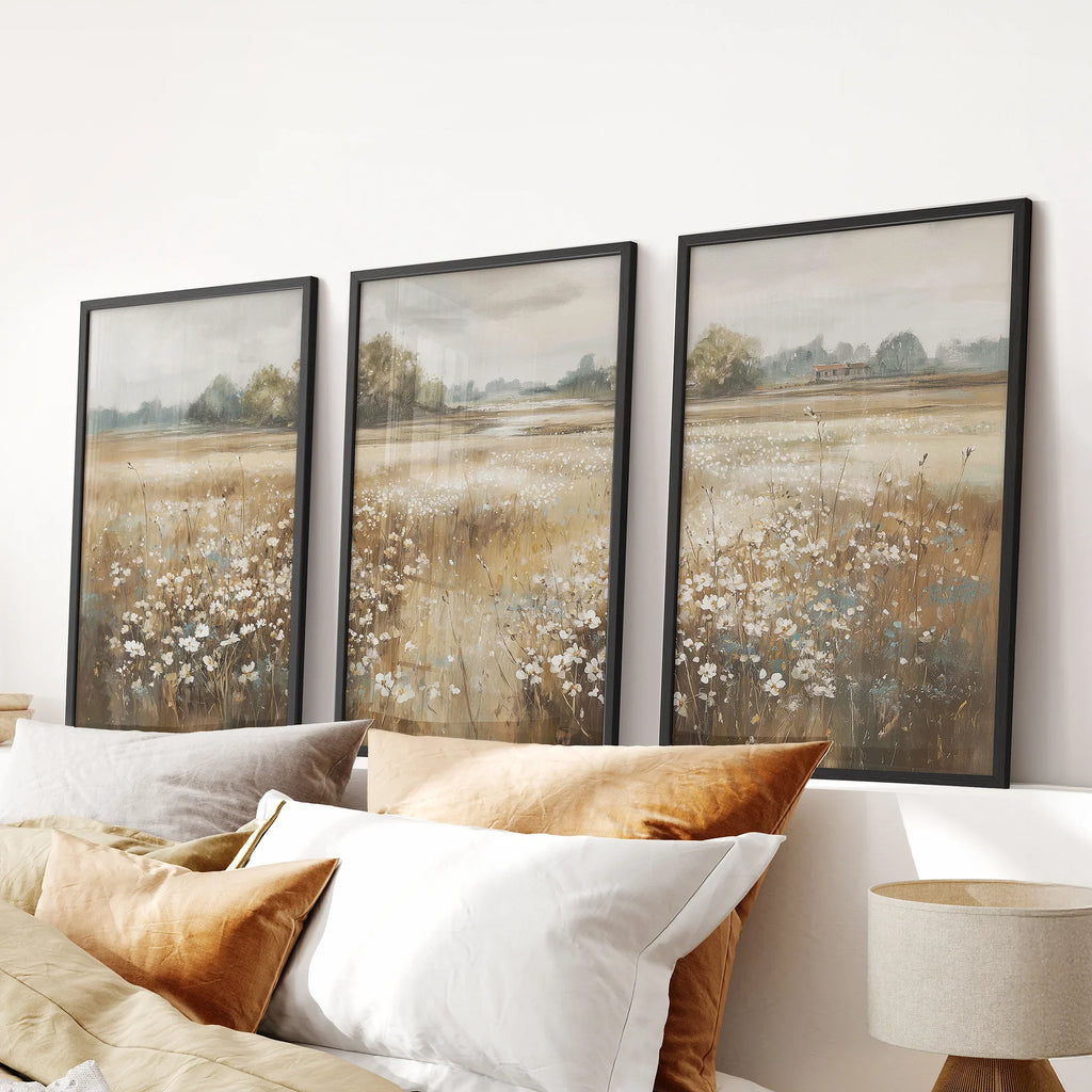 Neutral Floral Field Art Set of 3. Rustic Landscape