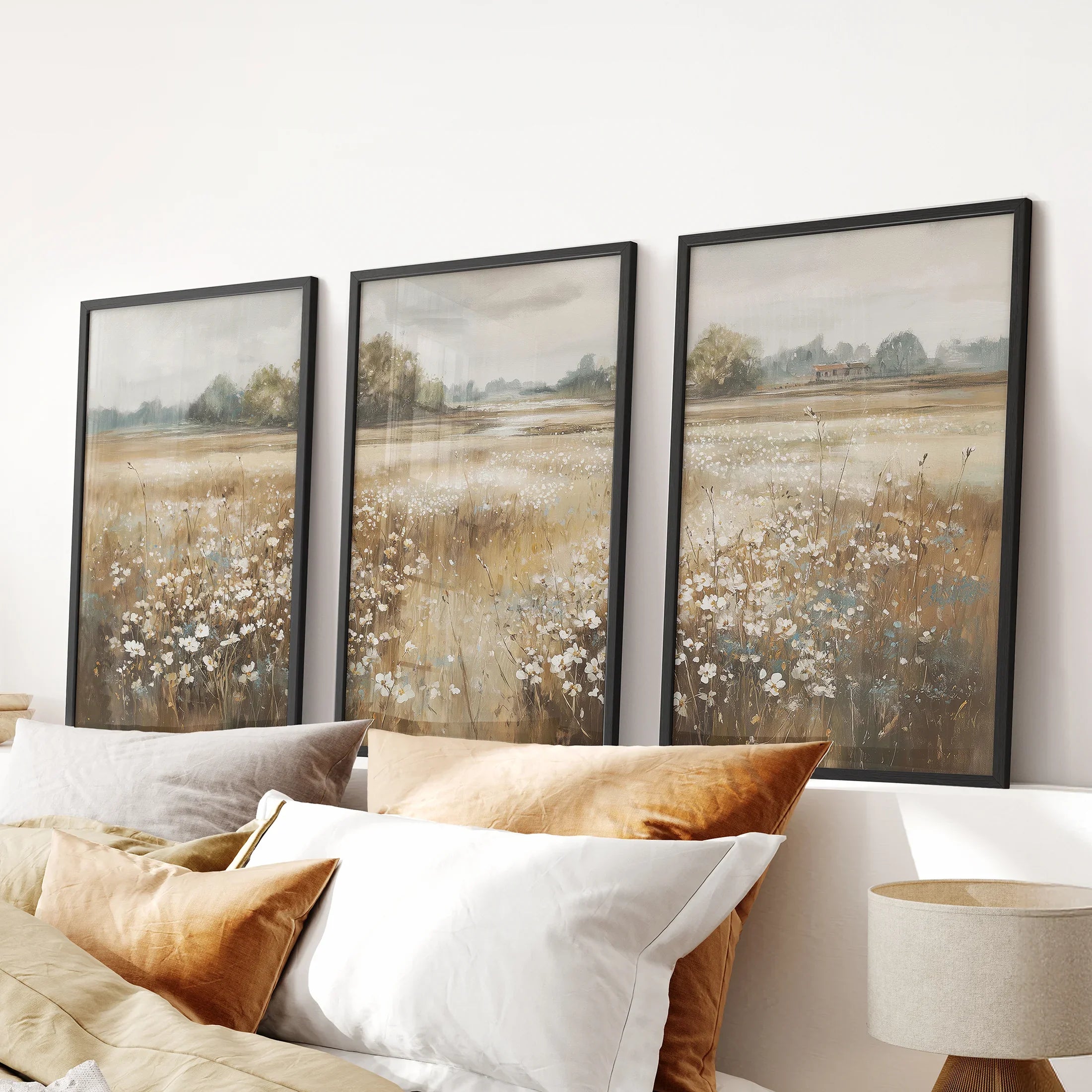 Neutral Floral Field Art Set of 3. Rustic Landscape