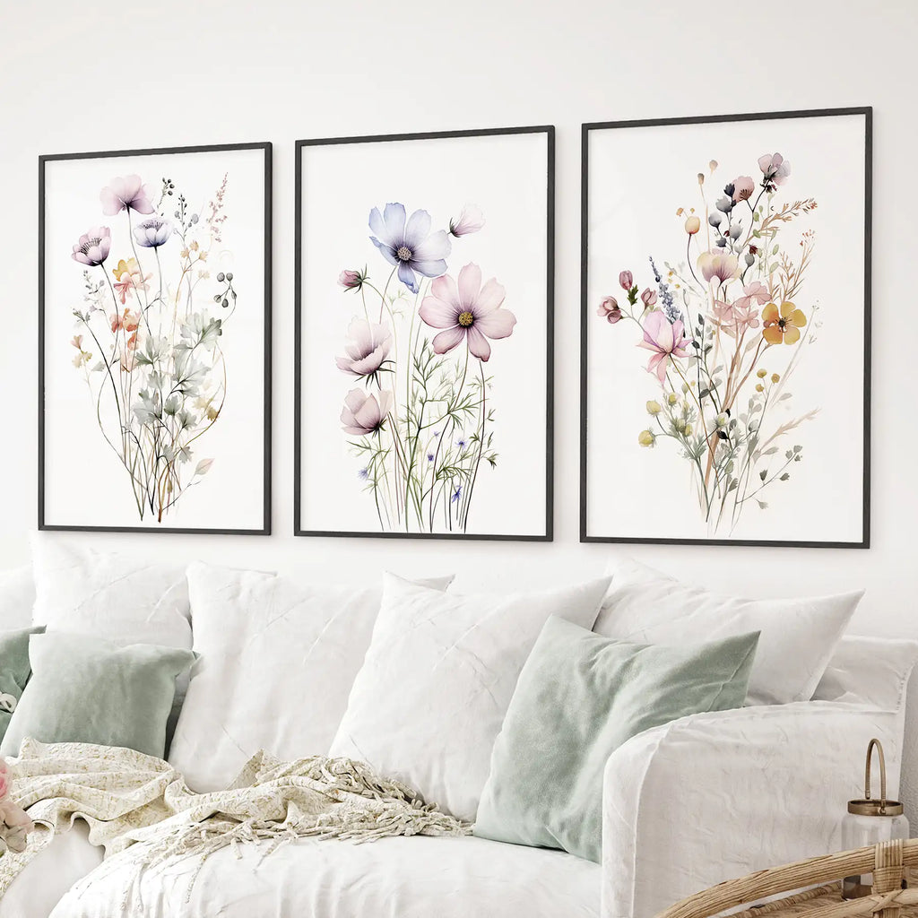 Watercolor Floral Wall Art. Set of 3 Botanical Prints