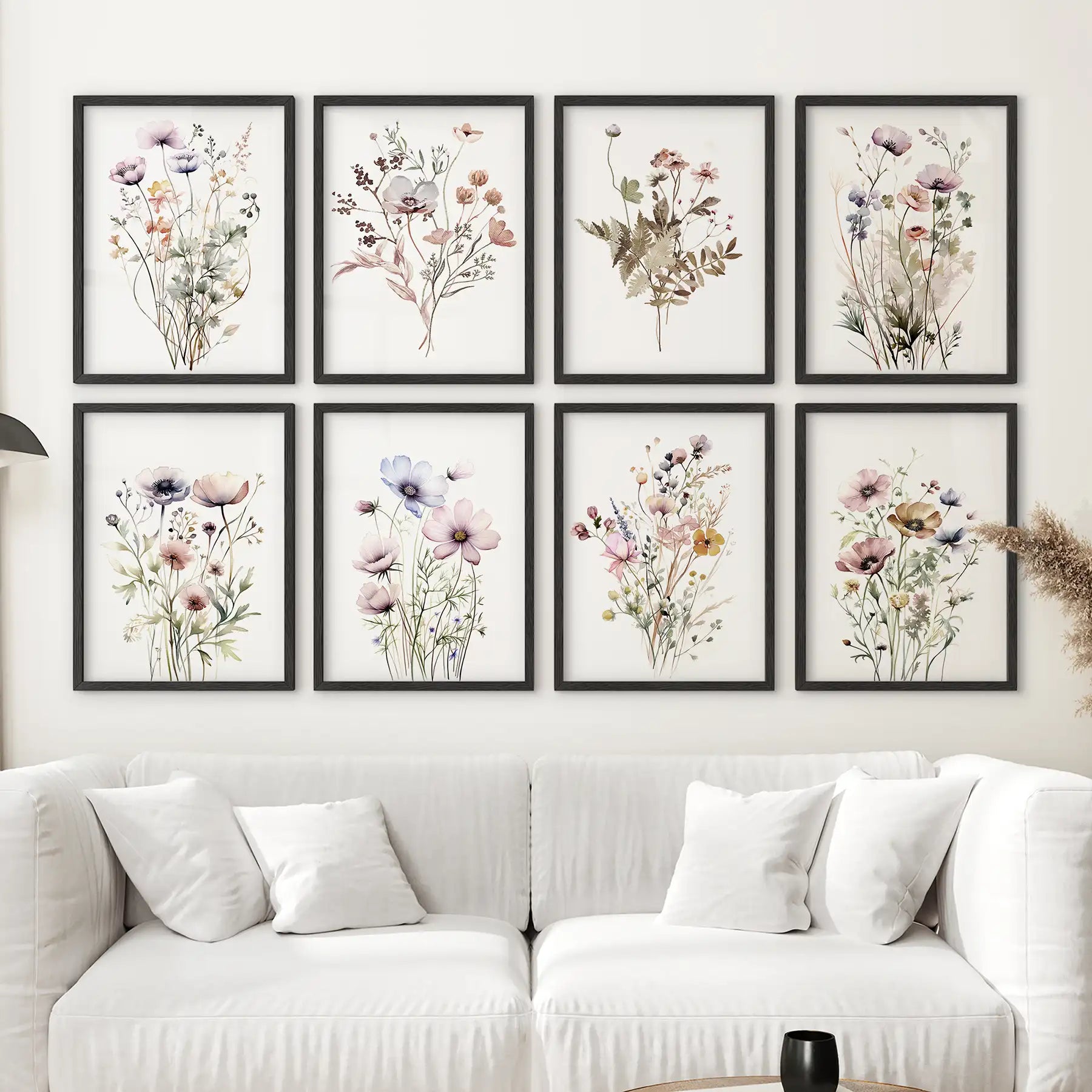 Watercolor Wildflower Gallery Wall. 8 Piece Botanical Print Set for Living Room