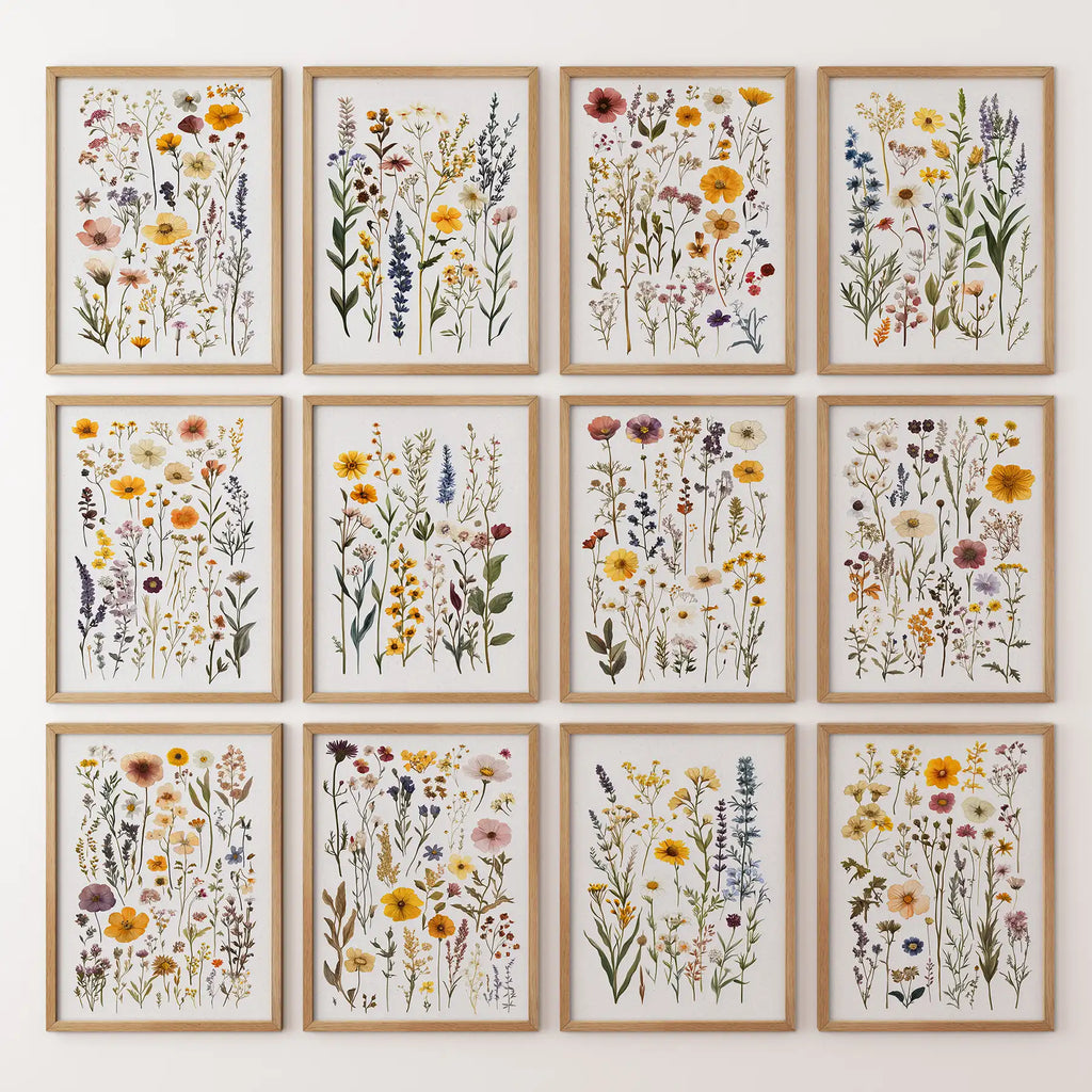 Pressed Flower Art Print Set of 12. Botanical Lithograph