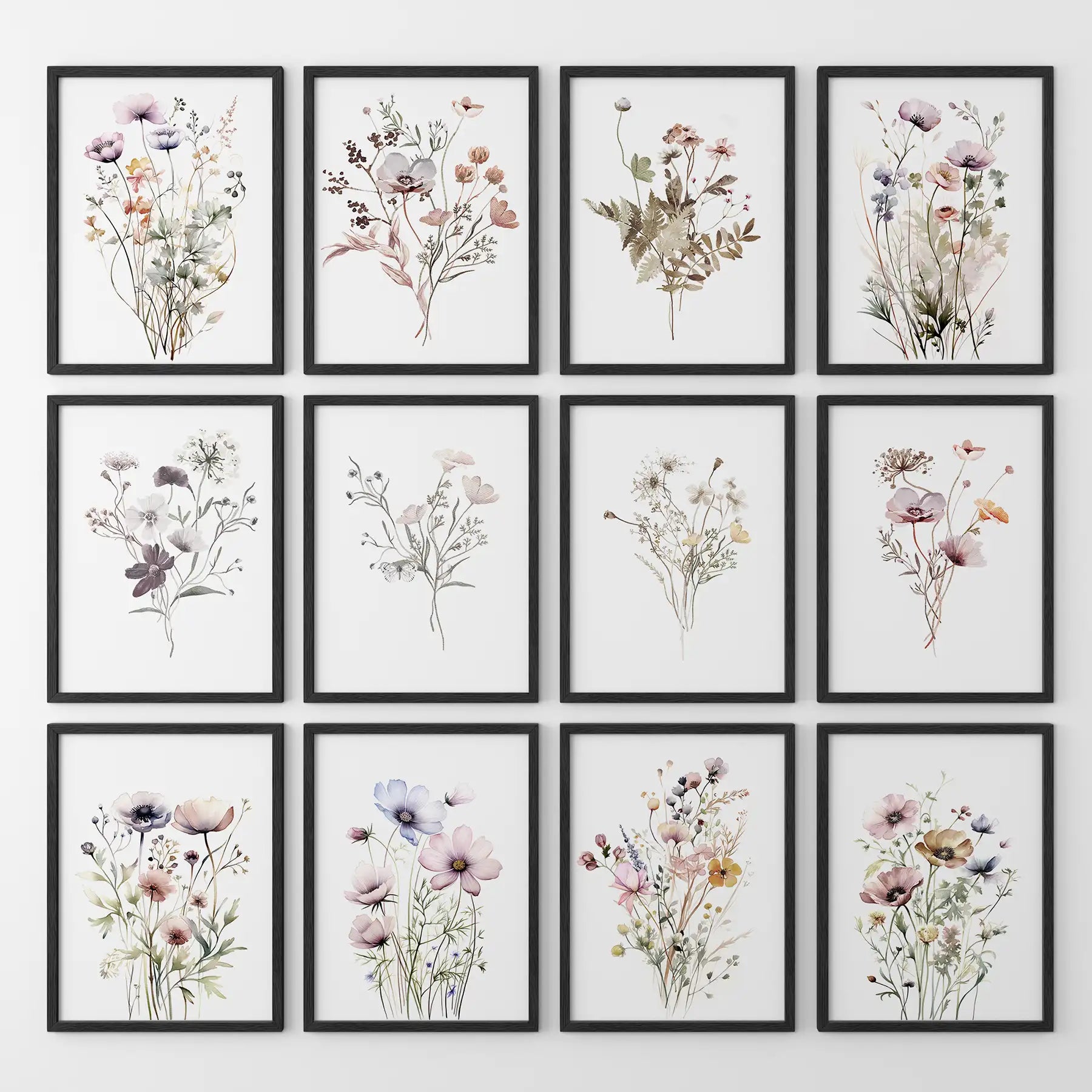 Neutral Wildflower Wall Art Set of 12. Botanical Prints