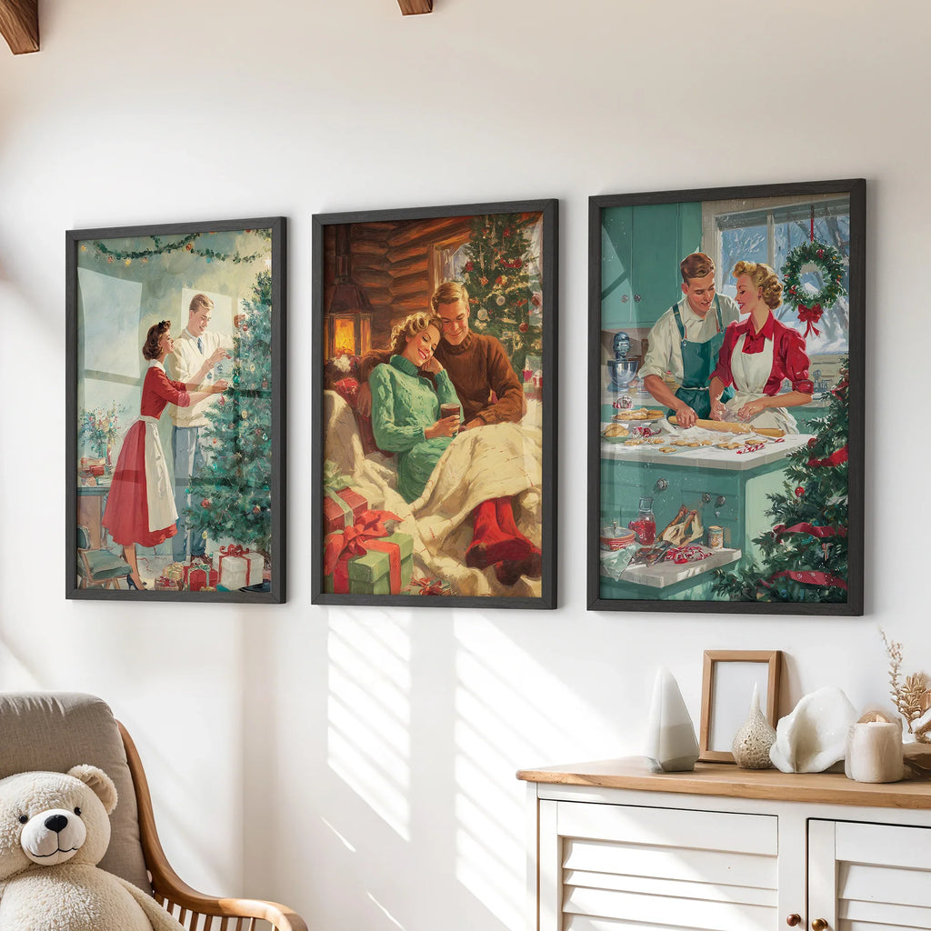Nostalgic Christmas Decor. Cozy Retro Holiday Set of 3 Art