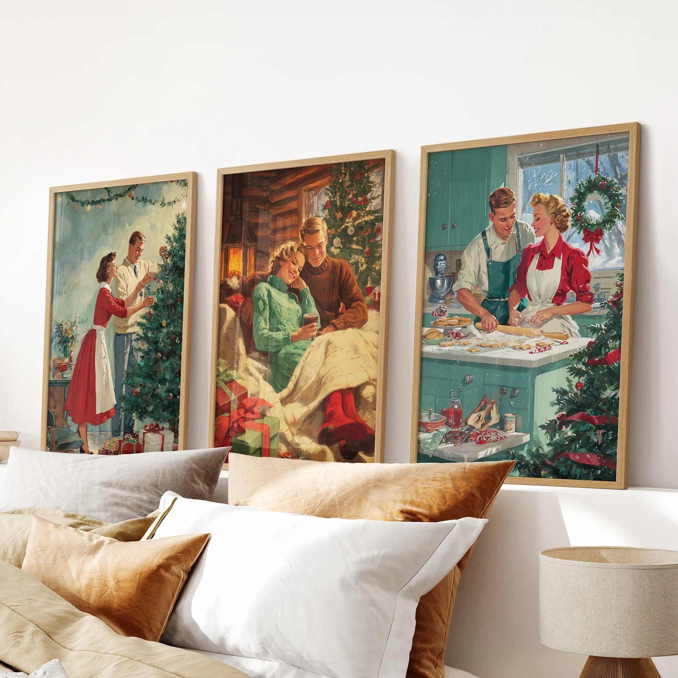 Nostalgic Christmas Decor. Cozy Retro Holiday Set of 3 Art