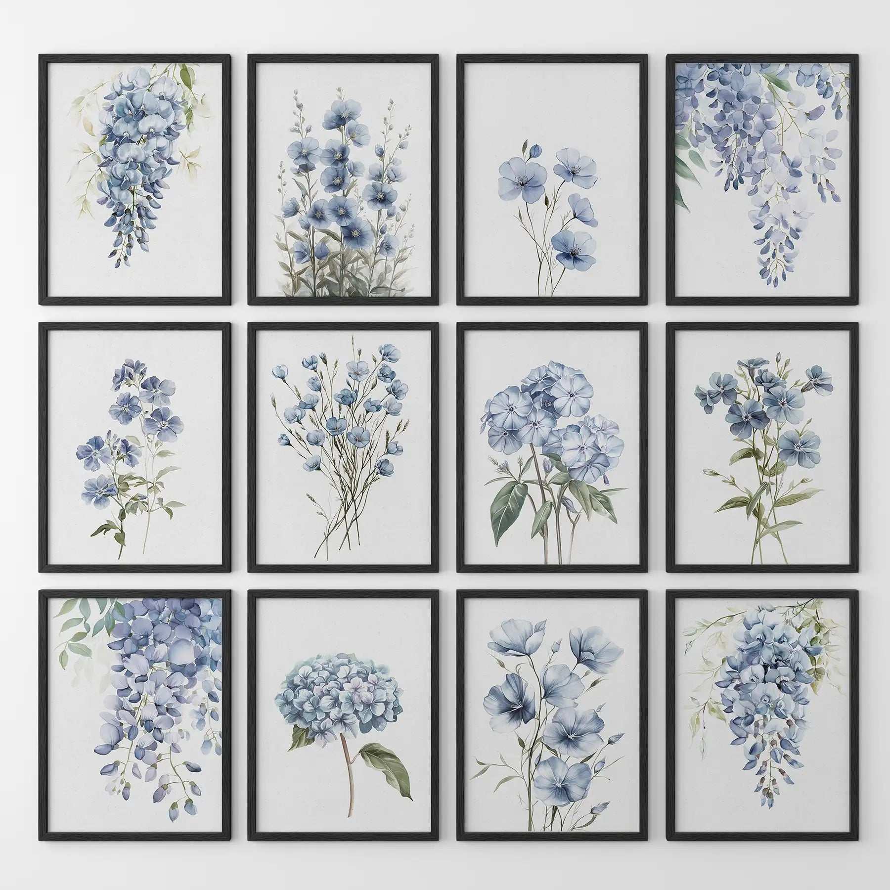 Set of 12 Watercolor Flowers Prints. Blue Hydrangea Wall Art