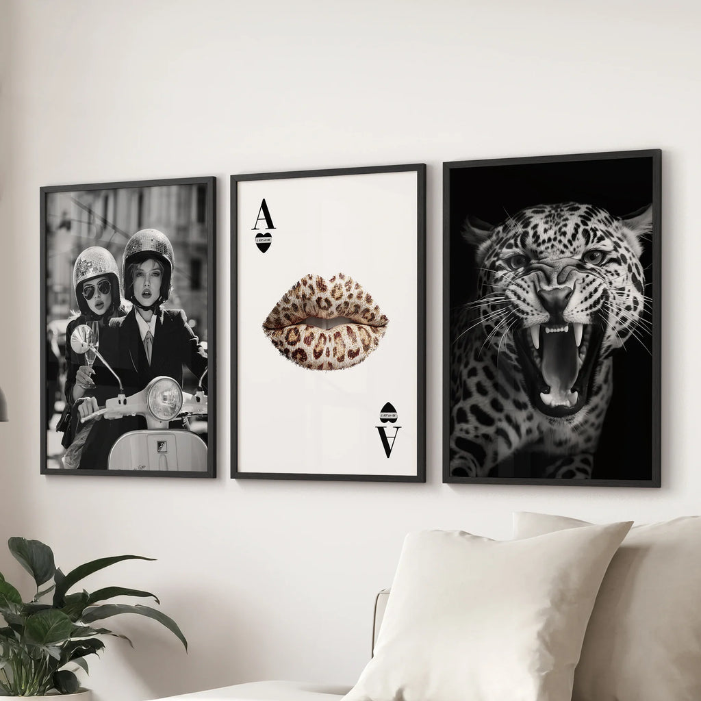 Black White Fashion Set of 3 Prints. Leopard, Lips, Scooter