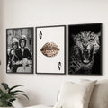 Black White Fashion Set of 3 Prints. Leopard, Lips, Scooter