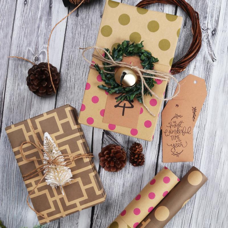 Modern Geo Kraft "Trellis/Polka Dots" Brown Wrapping Paper Sheets